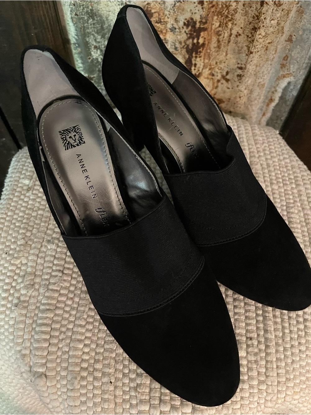 Anne Klein Black Suede Slip-On Pump with Elastic Vamp